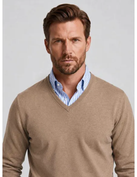 Beige Cotton and Cashmere V-Neck Sweater