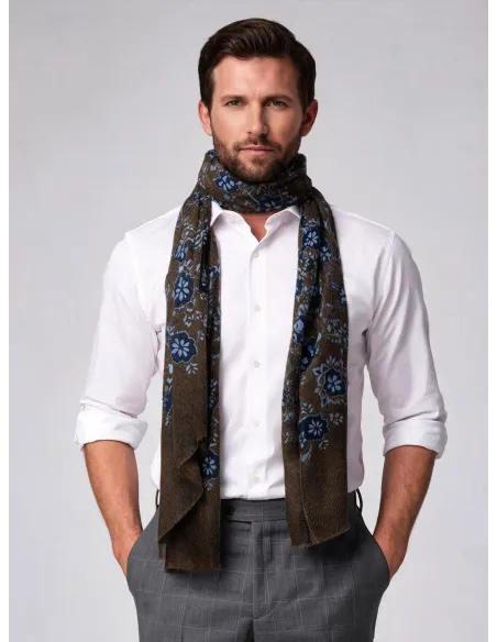 Brown and Navy Blue Patterned Scarf