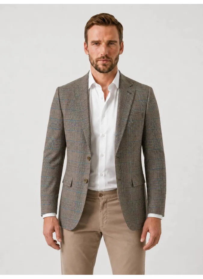 Blazer de Lã Príncipe de Gales Camel e Azul
