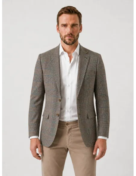 Blazer de Lana Príncipe de Gales Camel y Azul