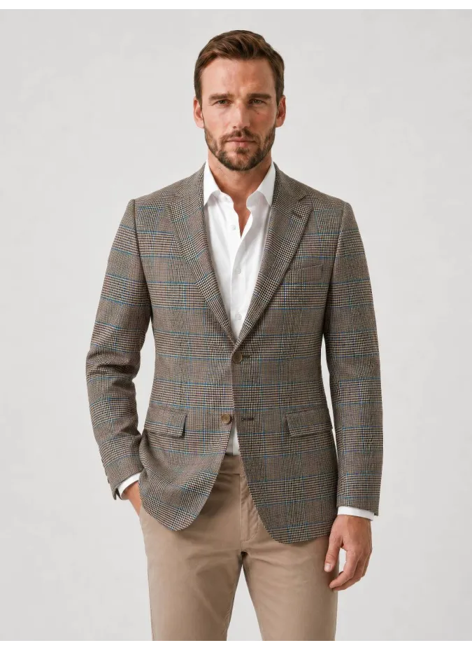 Camel and Blue Prince of Wales Wool Blazer