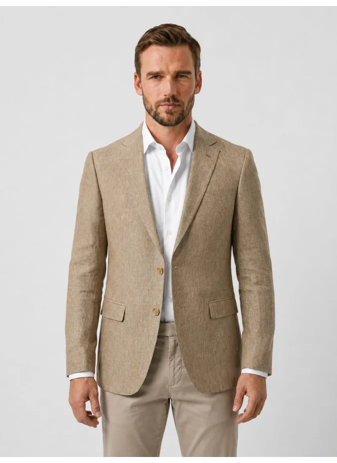 Blazer de Lino Beige Falso Liso