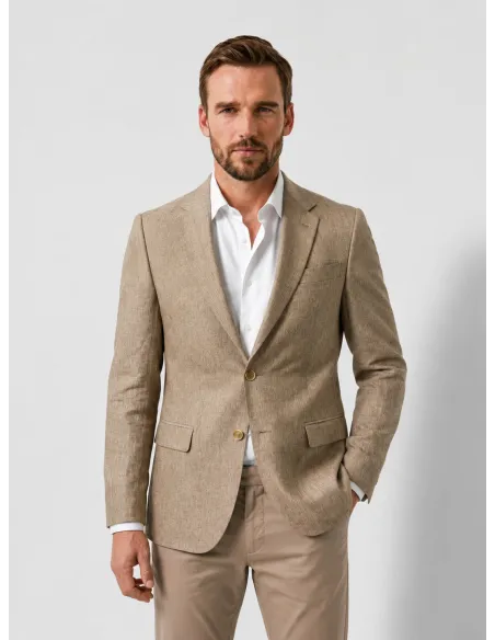 Blazer de Lino Beige Falso Liso
