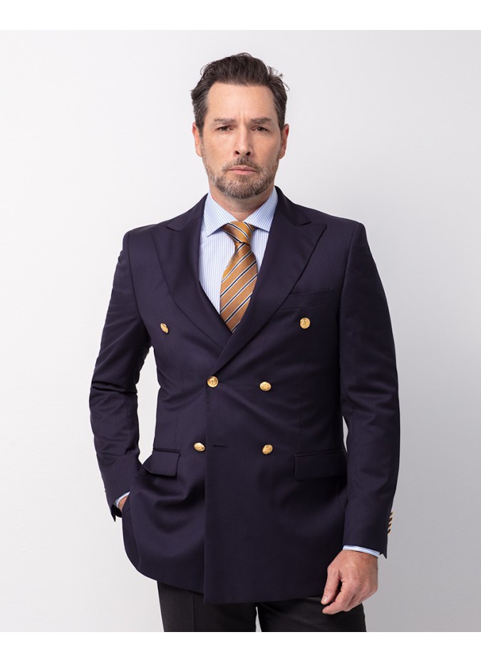 Blazer Clássico de Lã Cruzado Azul Marinho